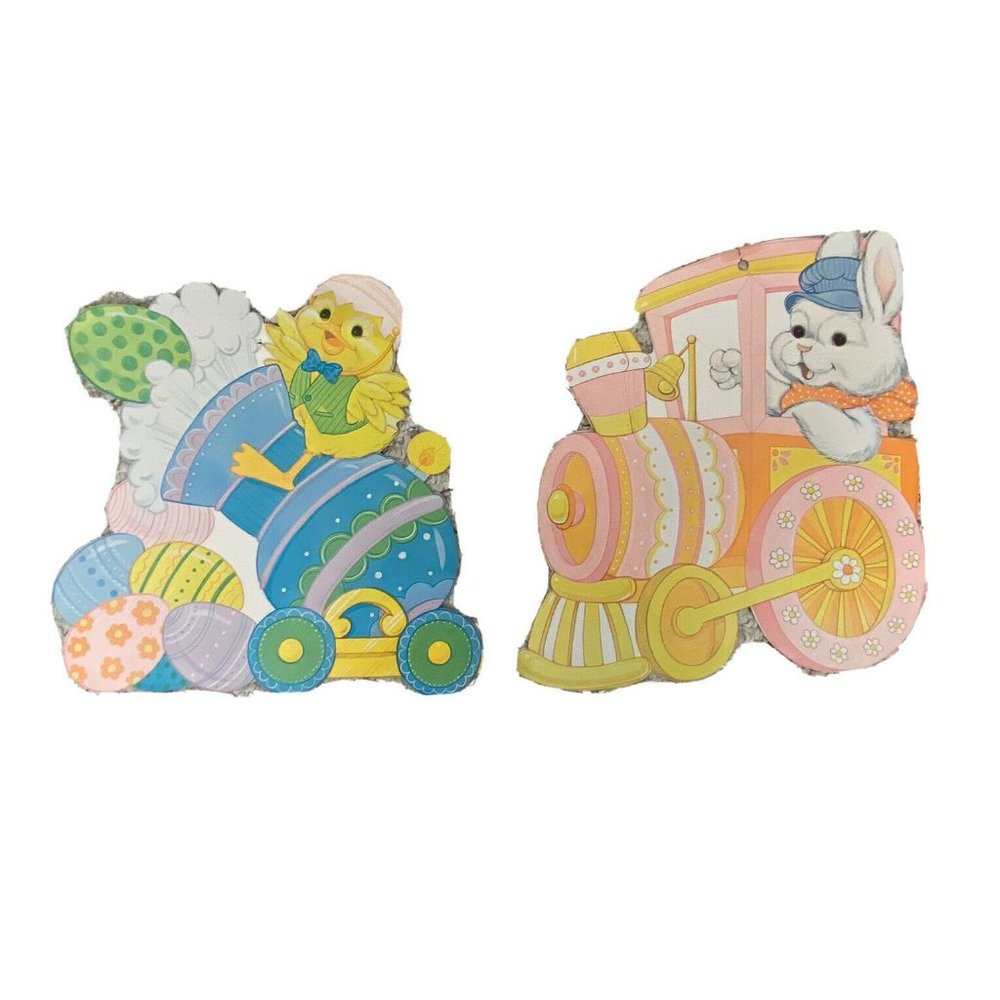 Lot of 2 Vintage Easter Decorations Bunny Chick Eggs Train Die Cuts